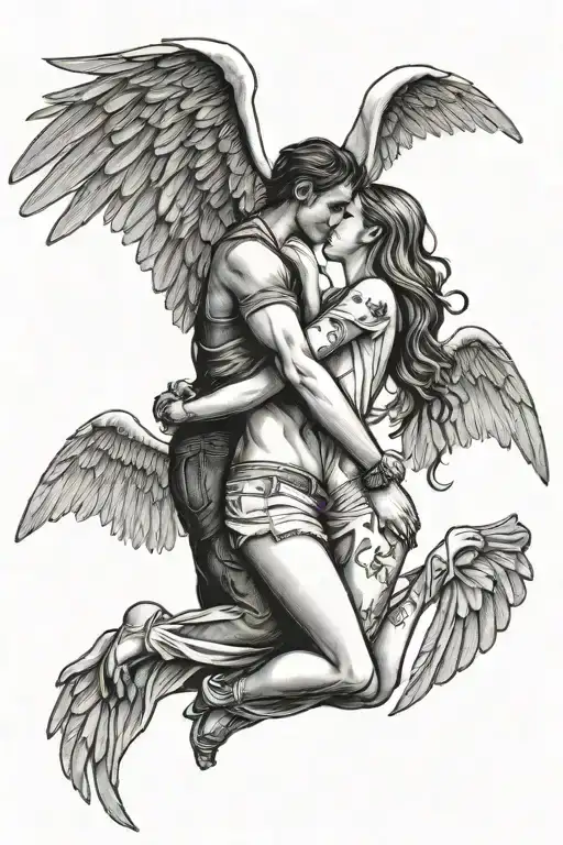 A tattoo featuring a silhouette of you and your girlfriend holding hands, with angel wings and Brazilian flag colors in the background tattoo design idea