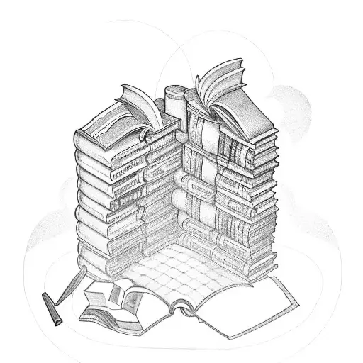 A tattoo of a bookshelf filled with books on mythology and imaginary worlds tattoo design idea