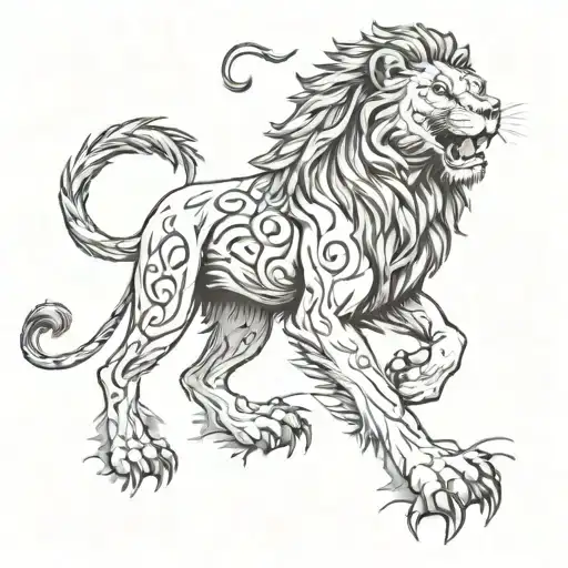 Create an image of a lion fighting with the words who jah bless no man curse tattoo design idea