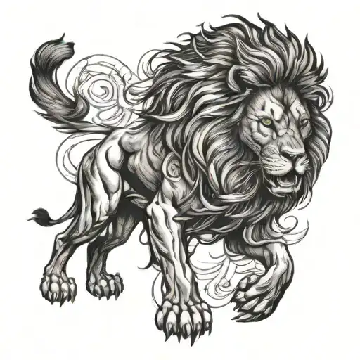 Create an image of a lion fighting with the words who jah bless no man curse tattoo design idea