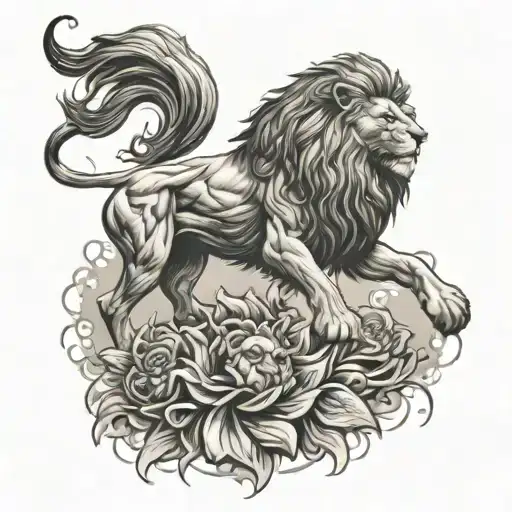 Create an image of a lion fighting with the words who jah bless no man curse tattoo design idea