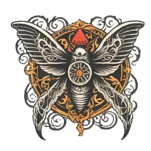 supernatural anti possession symbol in the back center of a deathhead moth tattoo design idea