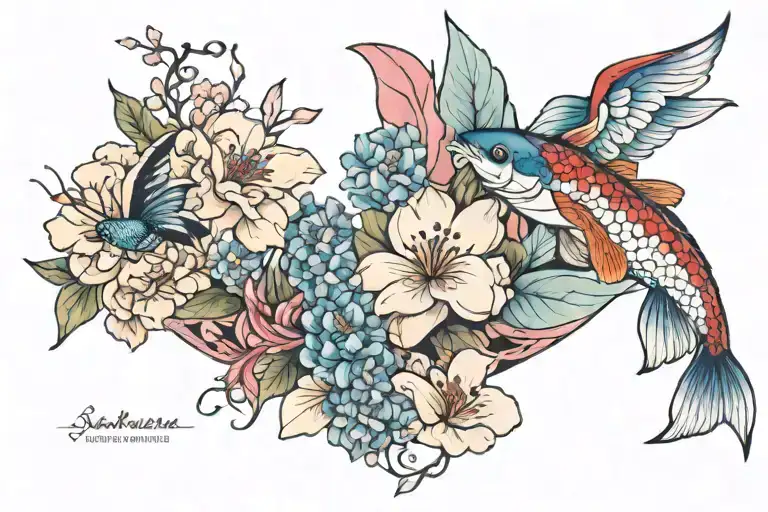 feminine stomach tattoo: sakura, peonies, oriental lilies, 2 blue triangle butterflies,1 small red koi swimming upstream tattoo design idea
