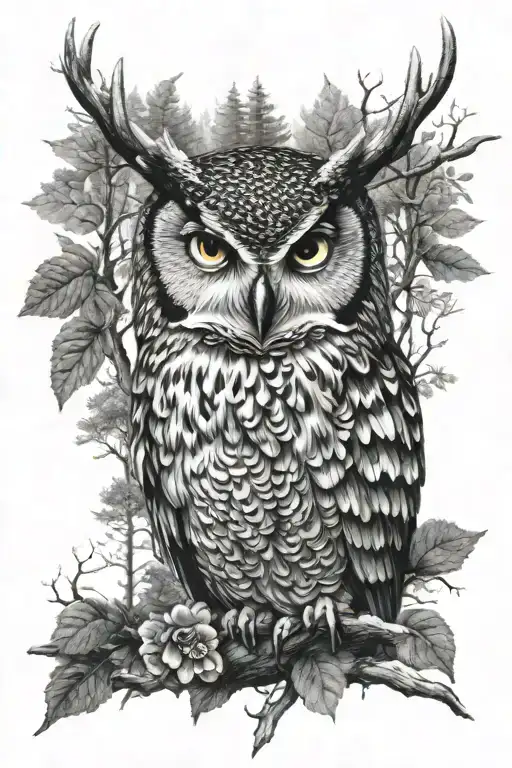 deer owl forest background tattoo design idea