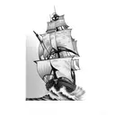 a pirate ship front view cresting a wave tattoo design idea