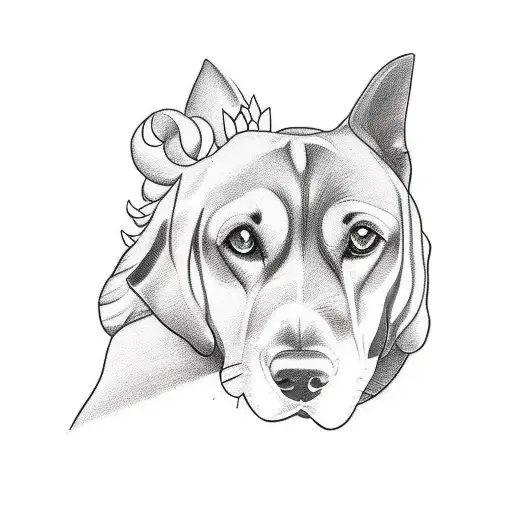 A sleek and modern tattoo design incorporating symbols of your favorite things - your dog Lesley, fiance Rekha, and parents Madhu and Lekha - in a minimalist style tattoo design idea