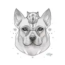 A sleek and modern tattoo design incorporating symbols of your favorite things - your dog Lesley, fiance Rekha, and parents Madhu and Lekha - in a minimalist style tattoo design idea