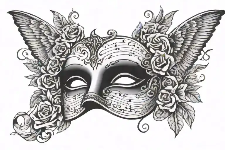 phantom of the opera mask surrounded by sheet music and wings tattoo design idea