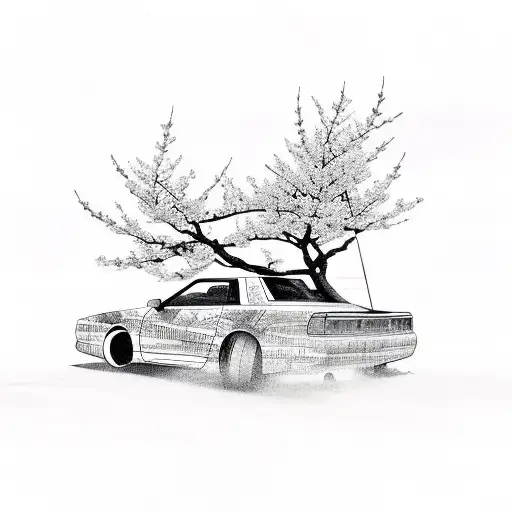 r34 skyline car with japanese writing and cherry blossoms tattoo design idea