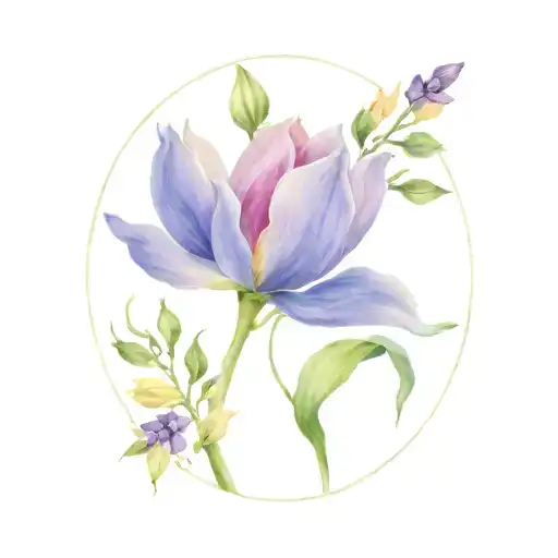 circle of flowers (tulip, peony, lavender, orange blossom, hydrangea, magnolia, rose and amaryllis) surrounding a floris tattoo design idea