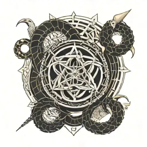ouroboros and trident with ropes intertwined tattoo design idea