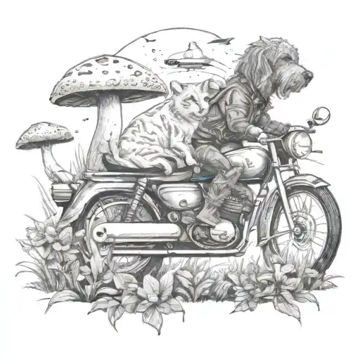 A surreal scene of a cat and golden doodle riding a motorcycle through a field of mushrooms and plants, with coffee cups scattered around tattoo design idea