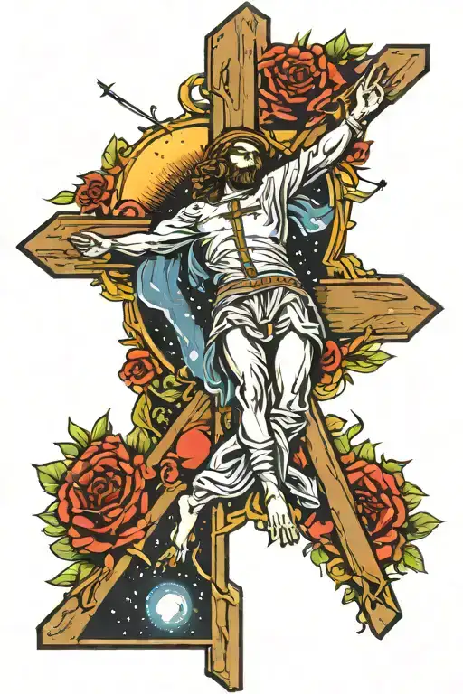 a classic Catholic crucifixion, only with an astronaut instead of Jesus tattoo design idea