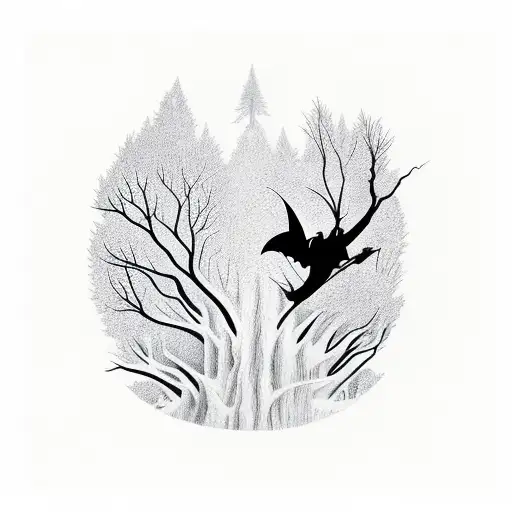 A tattoo of a bat flying through a forest of twisted trees, creating an eerie silhouette tattoo design idea
