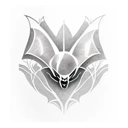 A tattoo of a bat flying through a forest of twisted trees, creating an eerie silhouette tattoo design idea