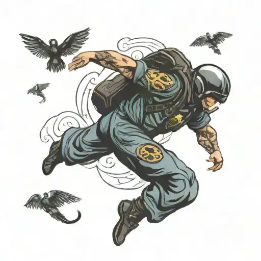 skydiver free falling dark chakra symbols heavy metal tattoo design idea