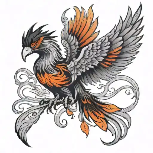 Black phoenix with a long red and orangetail tattoo design idea