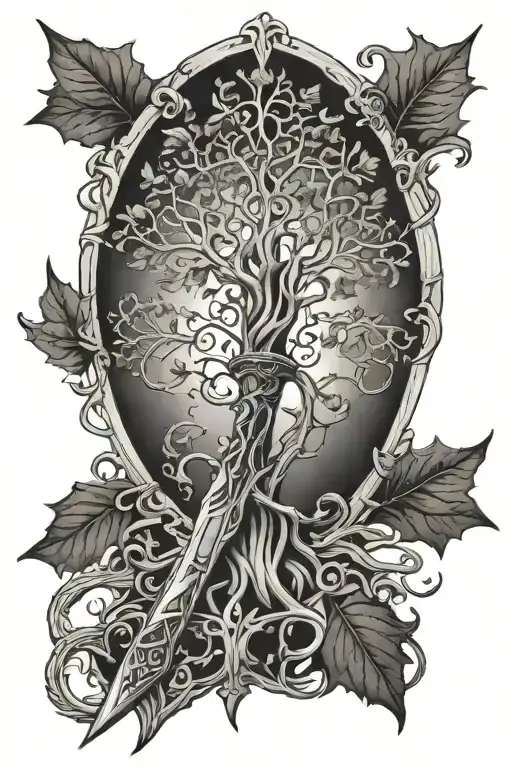 Narsil Sword from Lord of the rings with the hilt turning into the Tree of Gondor tattoo design idea