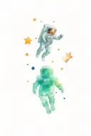 pondersome astronaut floating in space looking at the stars. Show the stars and galaxies he is looking at tattoo design idea