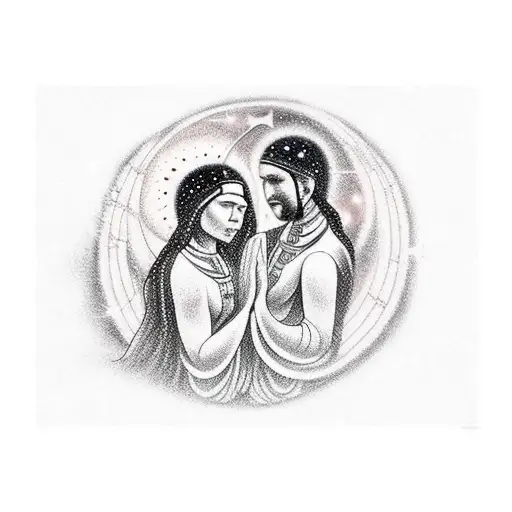 A cosmic scene of two Indigenous figures embracing under the stars tattoo design idea