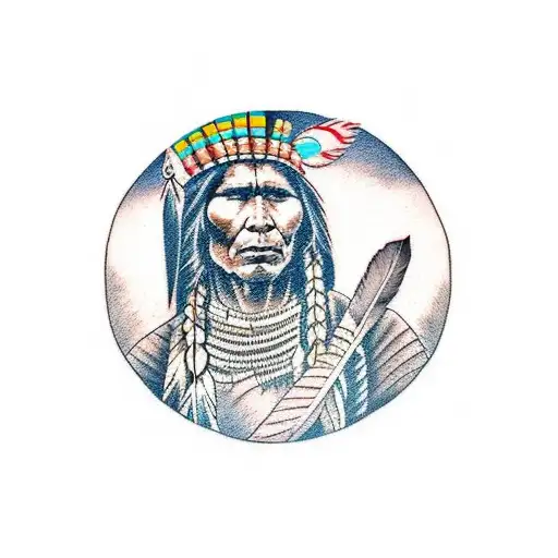 A traditional style tattoo of a Native American warrior gazing at the Colorado mountains tattoo design idea