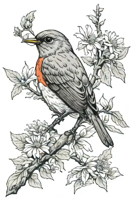 Robin on branch, Branches, daisies growing, masculine, shoulder-arm, black tattoo design idea