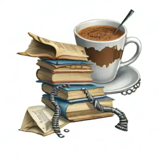 A stack of books floating on a coffee cup with a DNA double helix in the background tattoo design idea