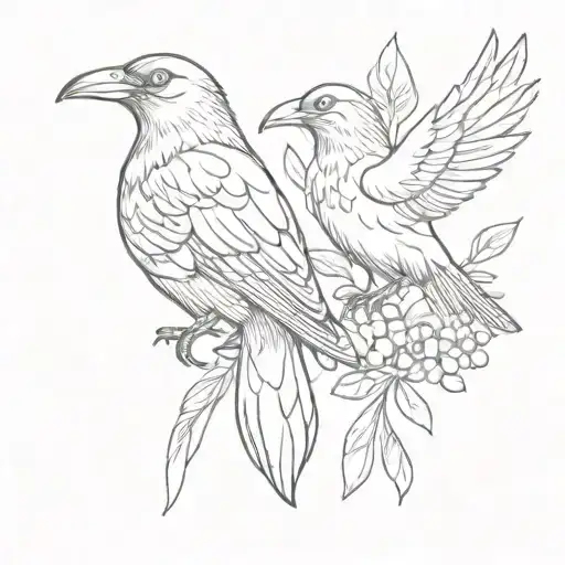 two birds: a crow and a dove with olive branch tattoo design idea