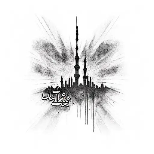 A black-grey tattoo of the skyline of Baghdad with the phrase 'Iraq forever' in Arabic calligraphy tattoo design idea