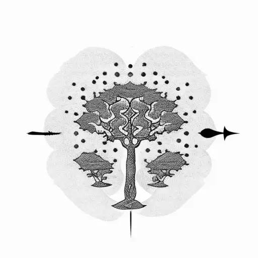 A dotwork tattoo of a money tree with Arabic patterns and the word 'prosperity' in Arabic script tattoo design idea