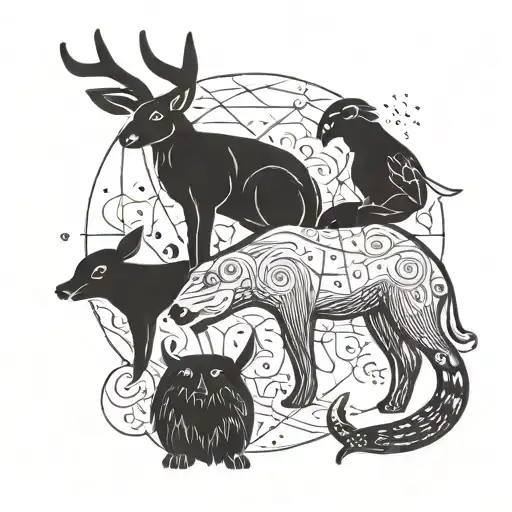 A minimalist design incorporating the symbols of the client's star sign and favorite animals in a blackwork style tattoo design idea