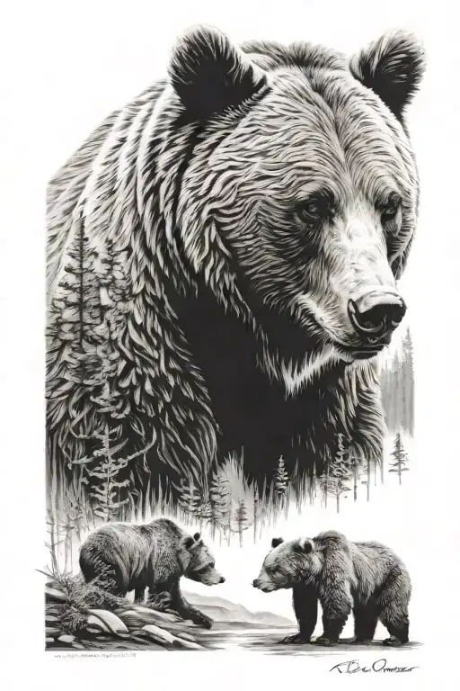 Grizzly bear black and grey nature scene featuring tattoo design idea