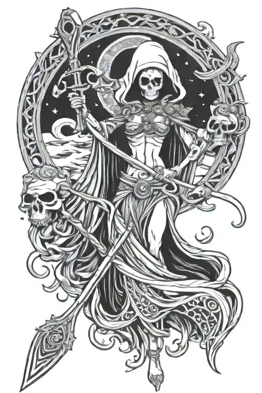 lady death santa muerte curvaceous female figure large detailed scythe feminine ninja attire outer space theme backgroun tattoo design idea