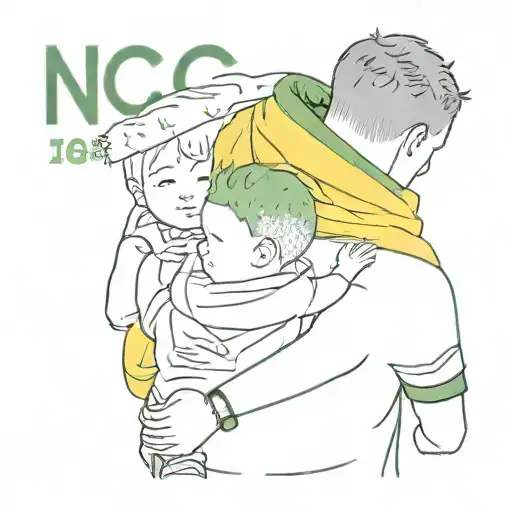 Son sitting on dads shoulder and the kid is holding a yellow and green scarf above his head that says NCFC tattoo design idea