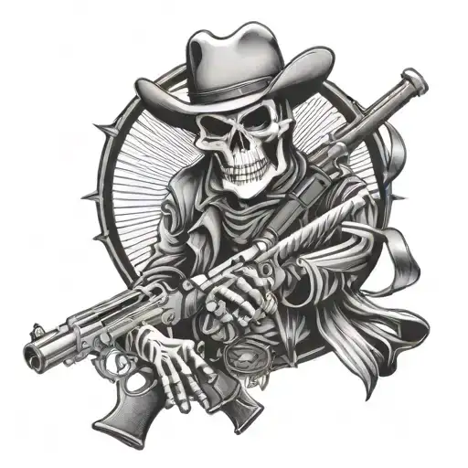 skeleton cowboy with revolver tattoo design idea