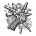 Create a sleeve tattoo featuring an assortment of vintage firearms and electrical symbols, honoring your profession as an electrician with a touch of badassery tattoo design idea