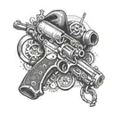 Create a sleeve tattoo featuring an assortment of vintage firearms and electrical symbols, honoring your profession as an electrician with a touch of badassery tattoo design idea