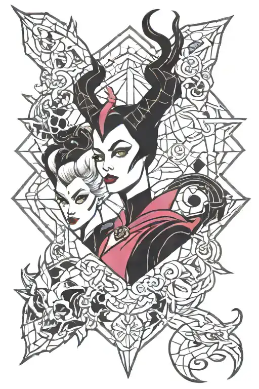 maleficent, Ursula, cruella villains geometric pattern inspired tattoo design idea