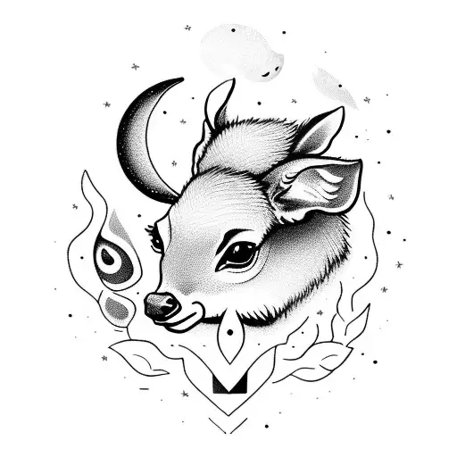 A fawn nestled within a heart shape, surrounded by a campfire and under the glow of a crescent moon tattoo design idea