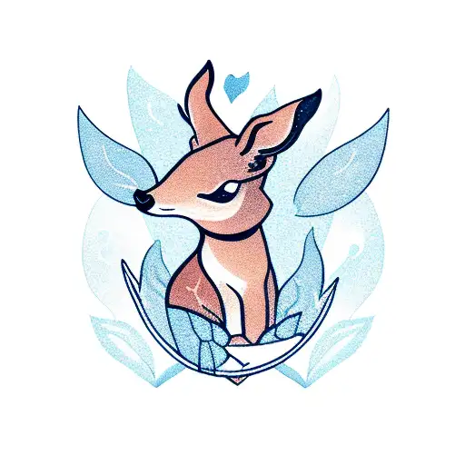 A fawn nestled within a heart shape, surrounded by a campfire and under the glow of a crescent moon tattoo design idea