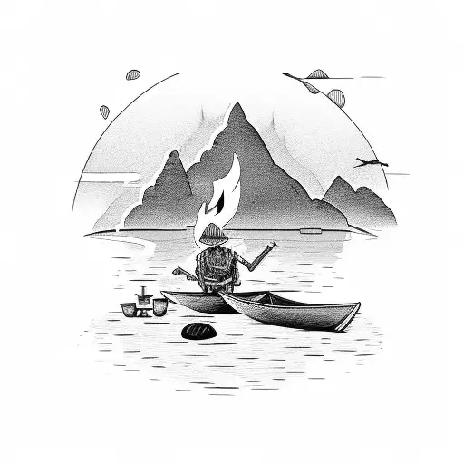 A beach camping scene with a camp fire and a skeletal fisherman in a boat tattoo design idea
