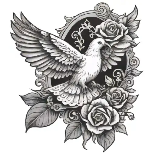 prayer hands holding a dove with flowers around  tattoo design idea