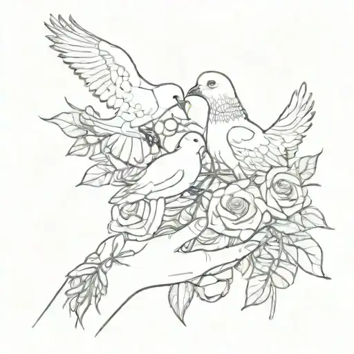 two hands holding a dove and roses and lily's of the valley around tattoo design idea