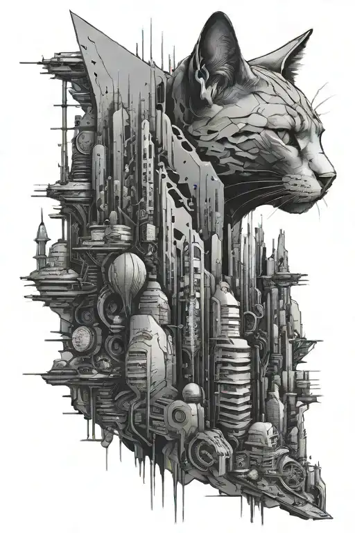 A futuristic cyberpunk cityscape with a hidden cat silhouette in the shadows full sleeve tattoo design idea