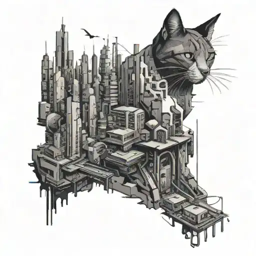 A futuristic cyberpunk cityscape with a hidden cat silhouette in the shadows tattoo design idea