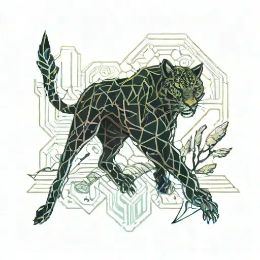 cyberpunk jaguar with birds and plants tattoo design idea