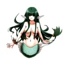 Mermaid with long hair and sharp bangs, topless, smiling, hidden nipples tattoo design idea