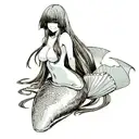 Mermaid with long hair and sharp bangs, topless, smiling, hidden nipples tattoo design idea