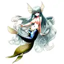Mermaid with long hair and sharp bangs, topless, smiling, hidden nipples tattoo design idea