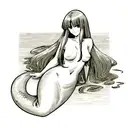 Mermaid with long hair and sharp bangs, topless, smiling, hidden nipples tattoo design idea